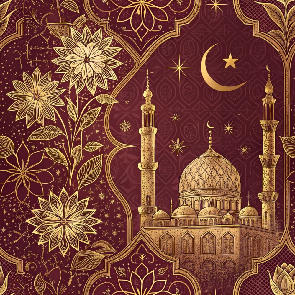 Ornate illustration of a mosque with minarets, crescent moon, and stars, surrounded by intricate floral patterns on a maroon background.