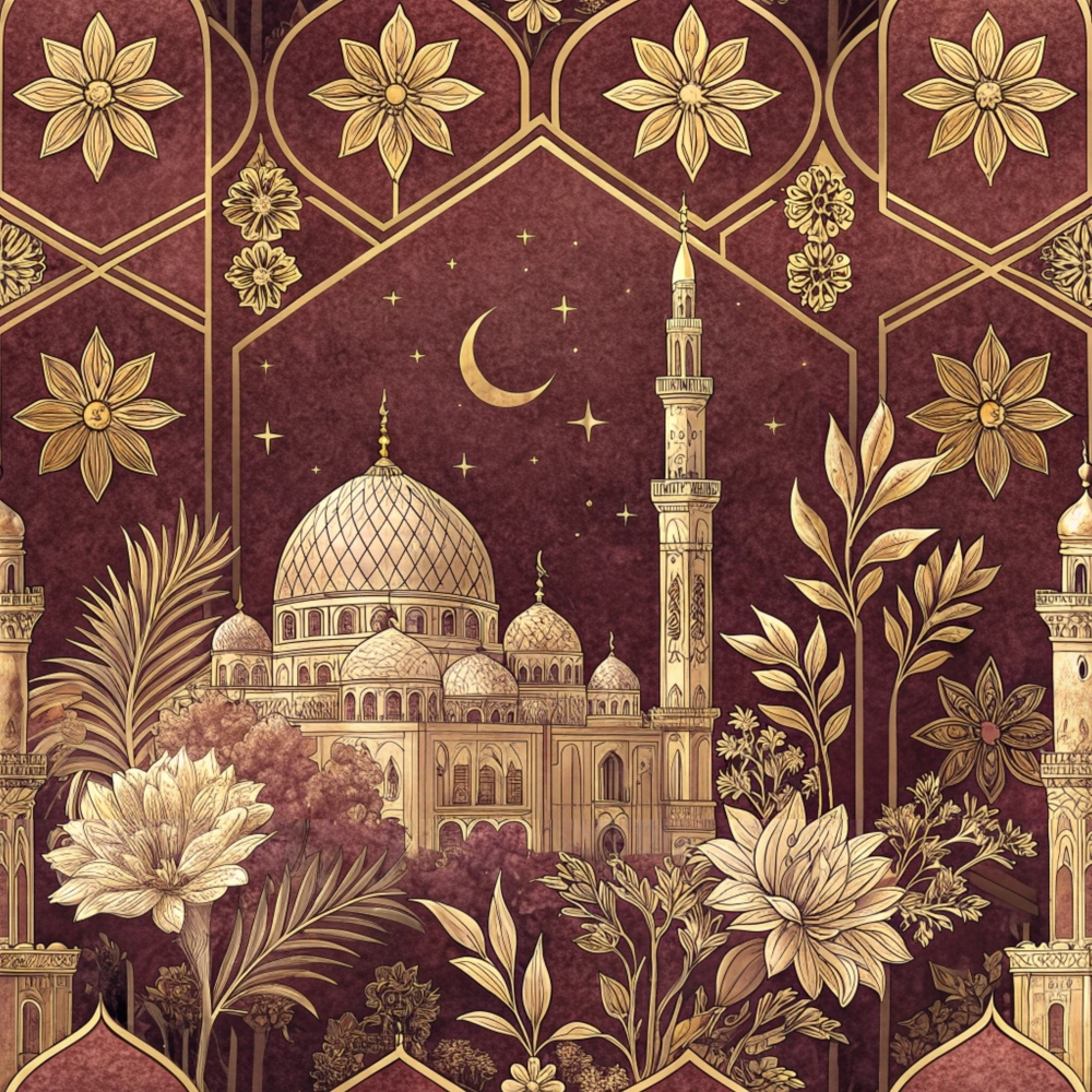 Ornate illustration featuring a mosque with domes and minarets, surrounded by large flowers, leaves, and a crescent moon, set against a patterned background.