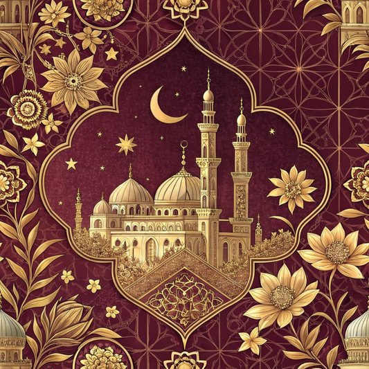 Intricate golden mosque with domes and minarets under a crescent moon and stars, surrounded by floral motifs on a burgundy background.