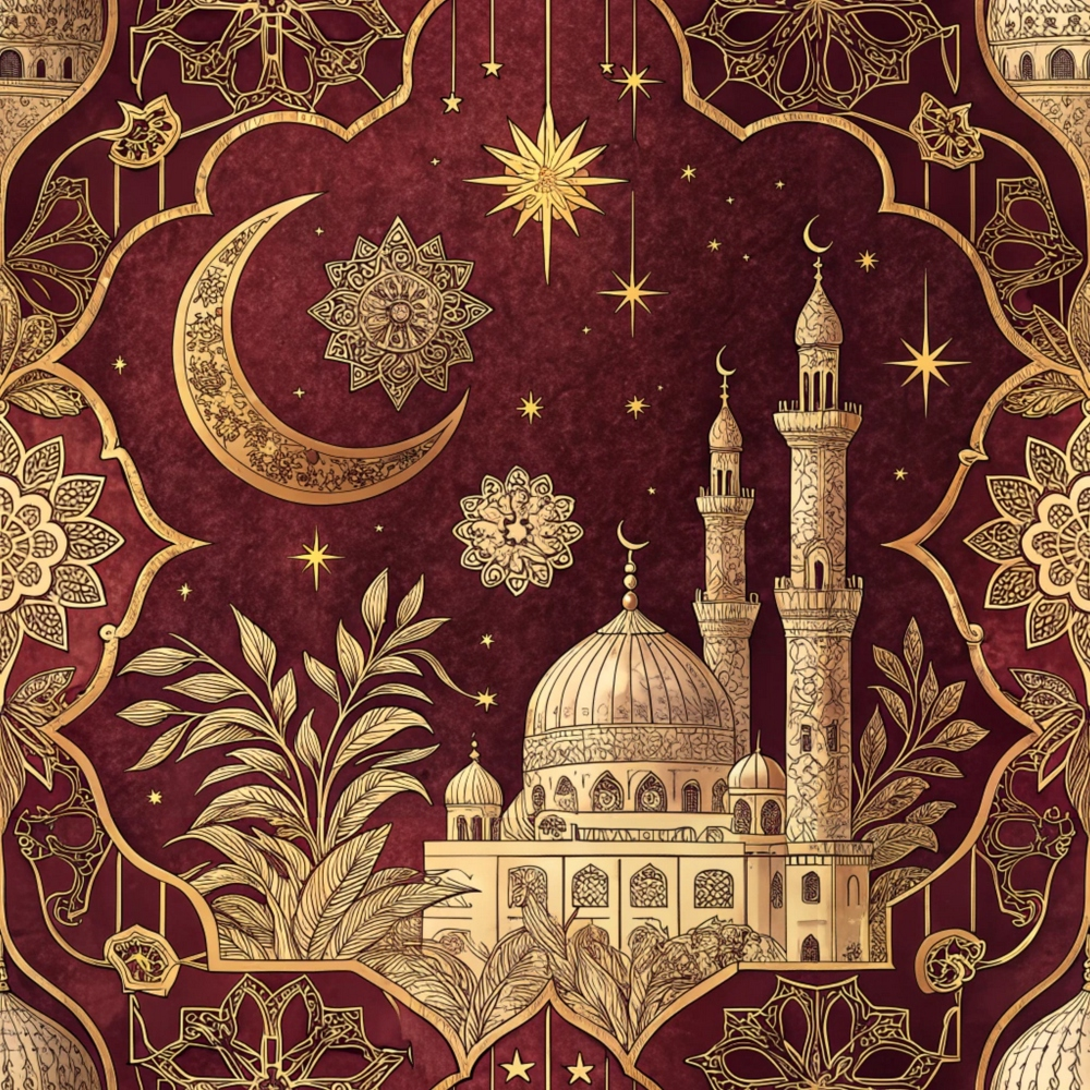 An intricate illustration featuring a mosque, crescent moon, star, and floral patterns in gold against a maroon background.