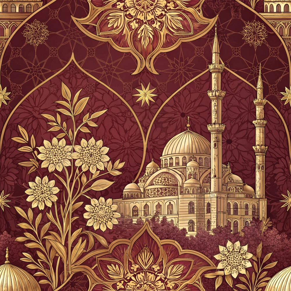maroon, burgundy, gold, cream, islamic architecture, mosque, minarets, dome, floral motifs, geometric patterns, ornate designs, arabesque, quilting cotton, fabric panel, luxurious, elegant, middle eastern, decorative florals, intricate details, rich tones