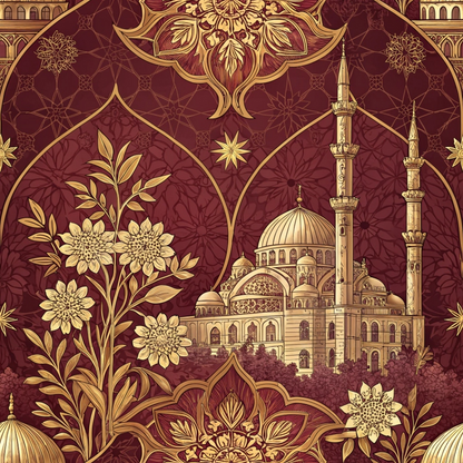 maroon, burgundy, gold, cream, islamic architecture, mosque, minarets, dome, floral motifs, geometric patterns, ornate designs, arabesque, quilting cotton, fabric panel, luxurious, elegant, middle eastern, decorative florals, intricate details, rich tones