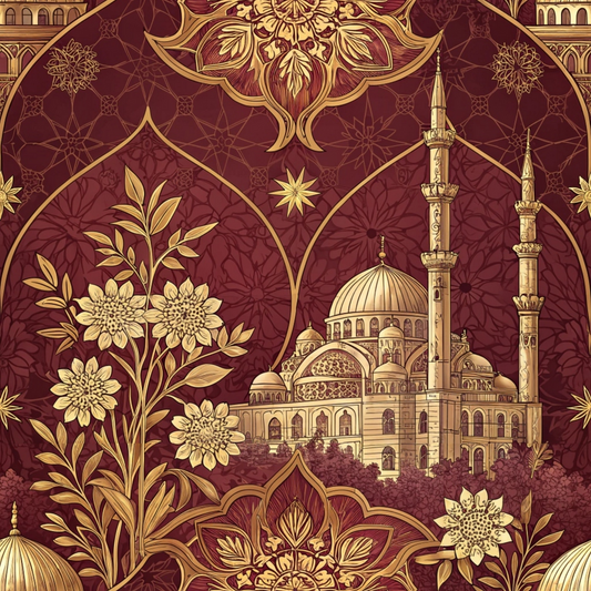 Intricate gold mosque and floral patterns on a rich red background, featuring domes, minarets, and decorative motifs.