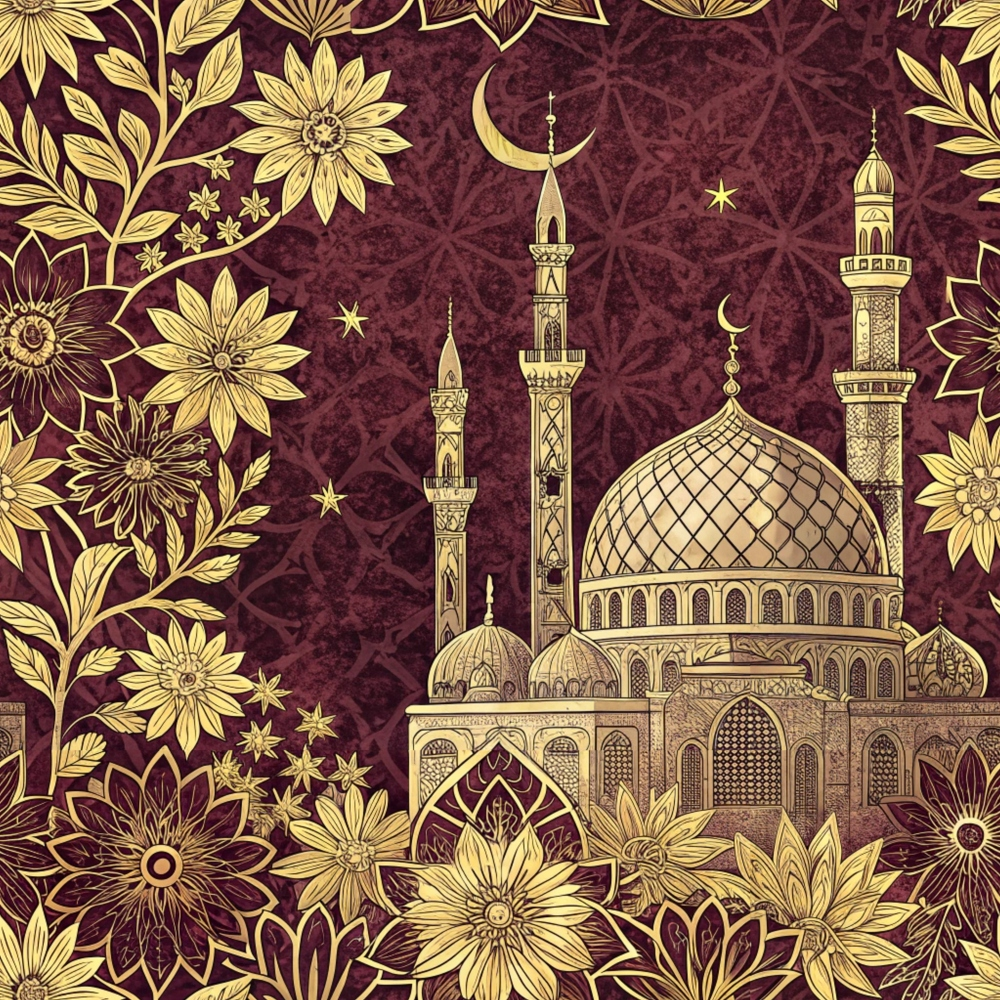 Ornate illustration of a mosque with crescent moons and stars, surrounded by intricate gold floral patterns on a burgundy background.