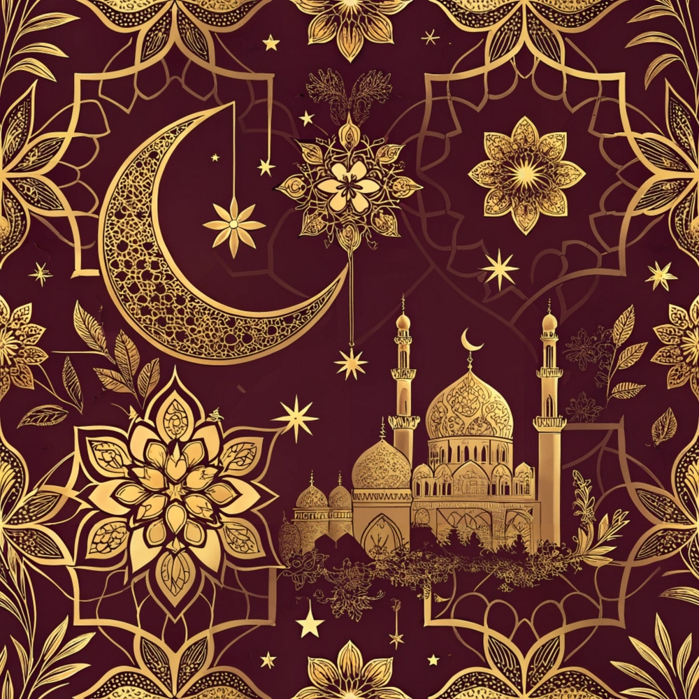 Ornate gold crescent, stars, and mosque on maroon background surrounded by intricate floral patterns.