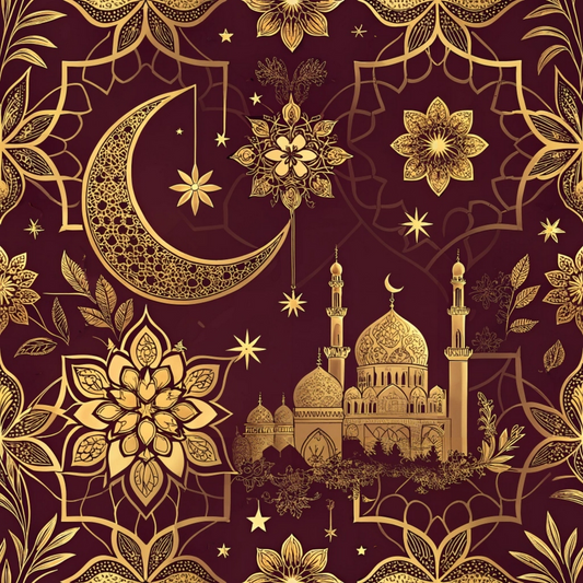 Ornate gold crescent, stars, and mosque on maroon background surrounded by intricate floral patterns.