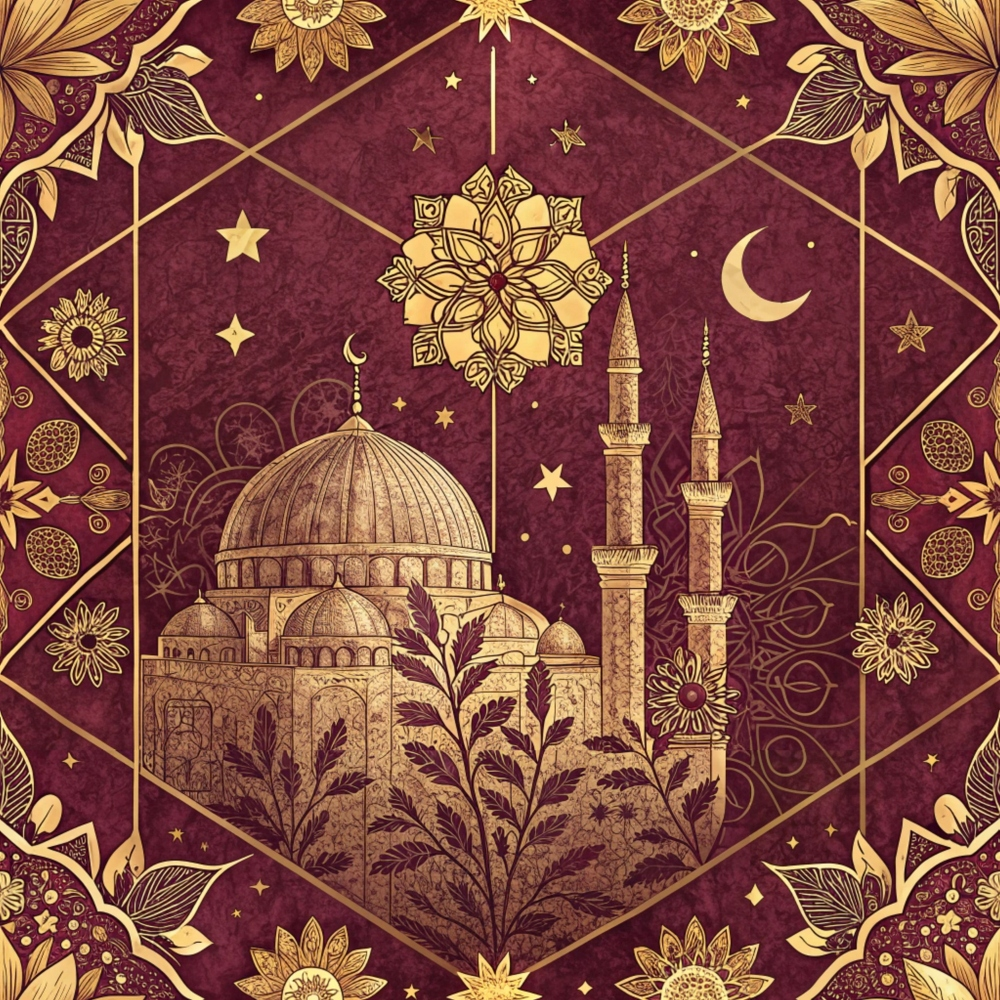 Intricate illustration of a mosque with two minarets on a deep red background, framed by floral patterns and stars.