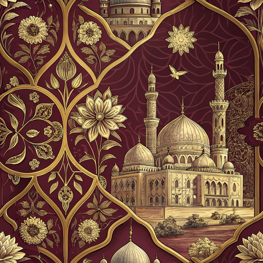 Intricate illustration of a mosque with surrounding floral patterns and a flying bird on a rich red background.