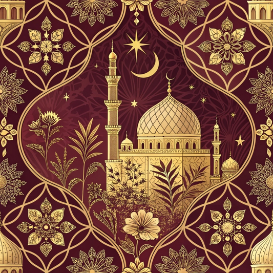 Ornate Islamic art design featuring a mosque with domes and minarets, surrounded by intricate floral and geometric patterns in gold on a dark red background.