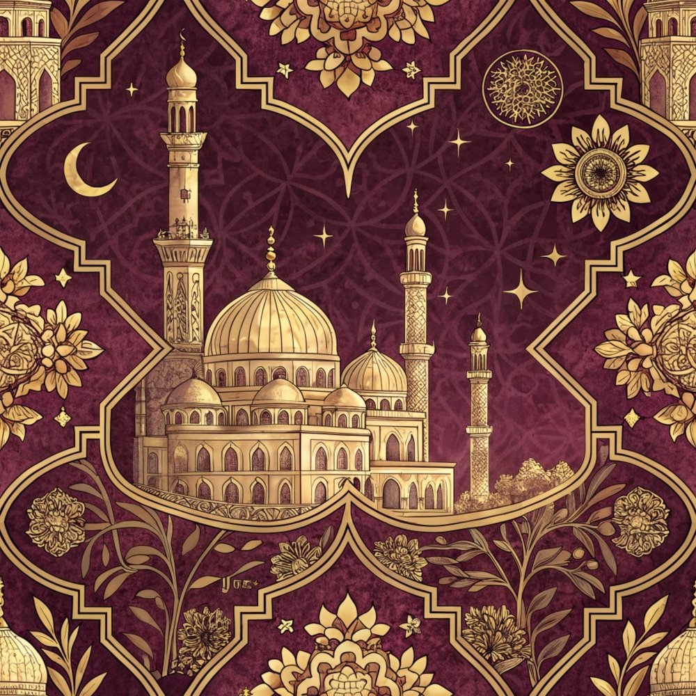 Intricate gold mosque design with floral and geometric patterns on a burgundy background, featuring stars and crescent moon motifs.