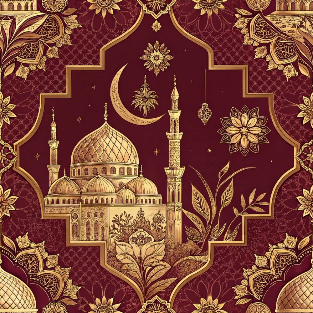 Ornate mosque illustration with crescent moon, stars, and floral patterns in gold on a burgundy background.