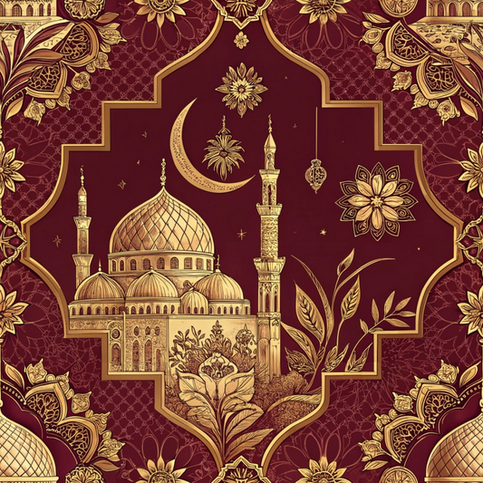 Ornate mosque illustration with crescent moon, stars, and floral patterns in gold on a burgundy background.