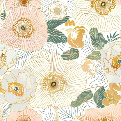 Floral pattern featuring large, intricately detailed pink, yellow, and white flowers with green leaves on a light background.