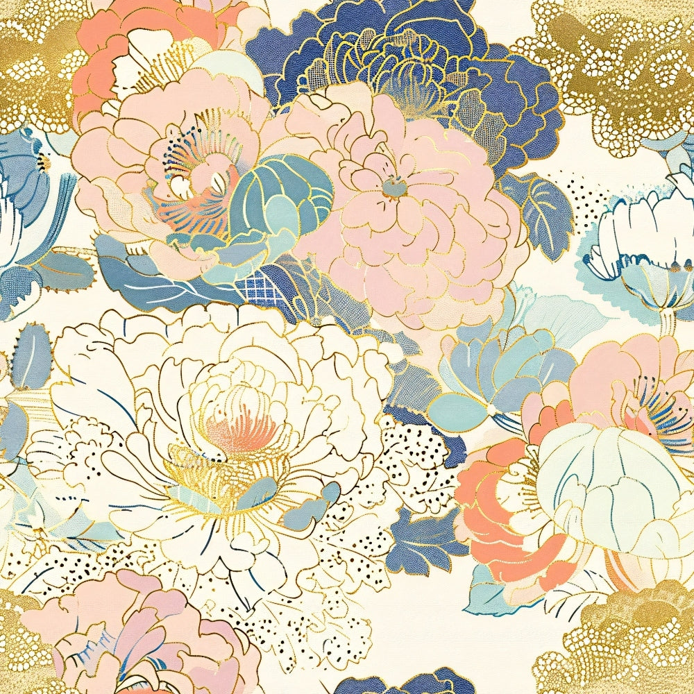 A detailed floral pattern featuring peonies in pink, blue, and gold tones with intricate detailing on a light background.