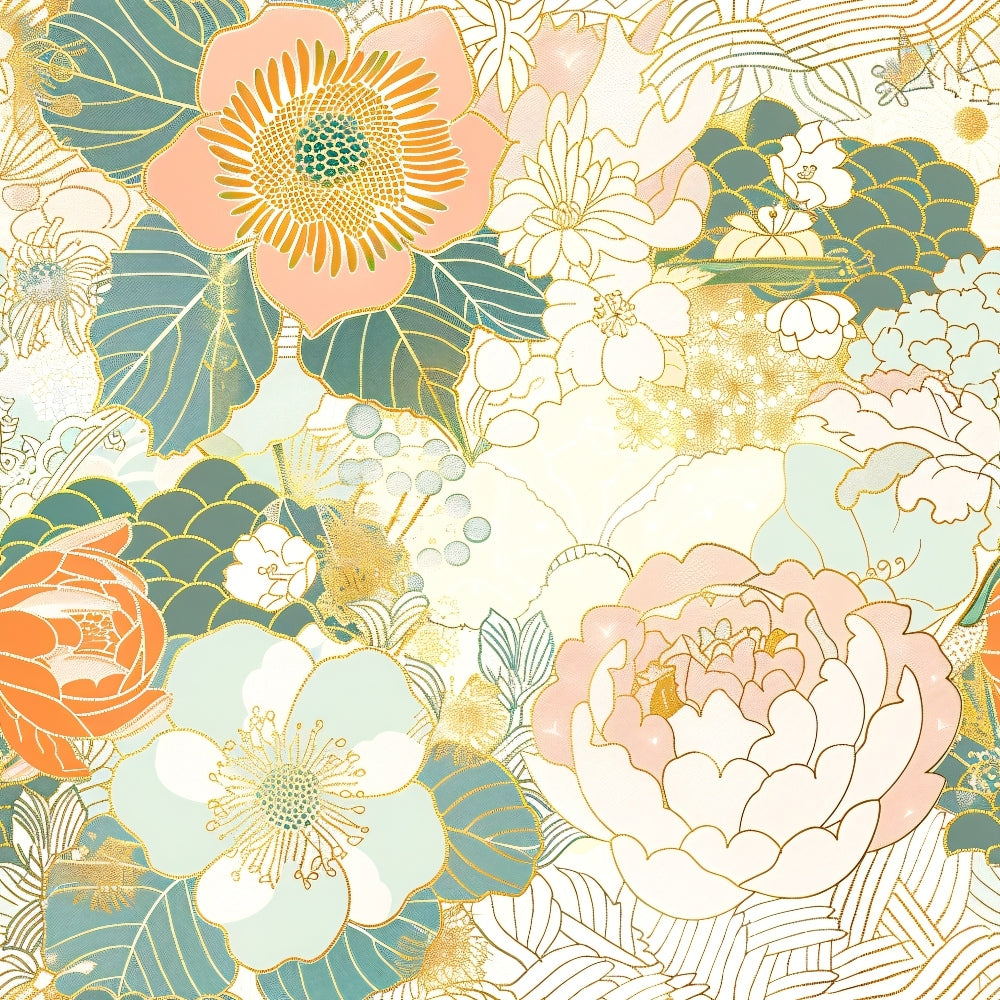 Floral pattern featuring large flowers and leaves in pastel shades of orange, green, and cream, with gold accents throughout.