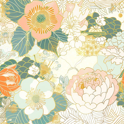 Floral pattern featuring large flowers and leaves in pastel shades of orange, green, and cream, with gold accents throughout.