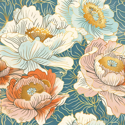 Floral pattern with large, stylized peonies in shades of white, coral, and light blue, outlined in gold against a contrasting teal background.