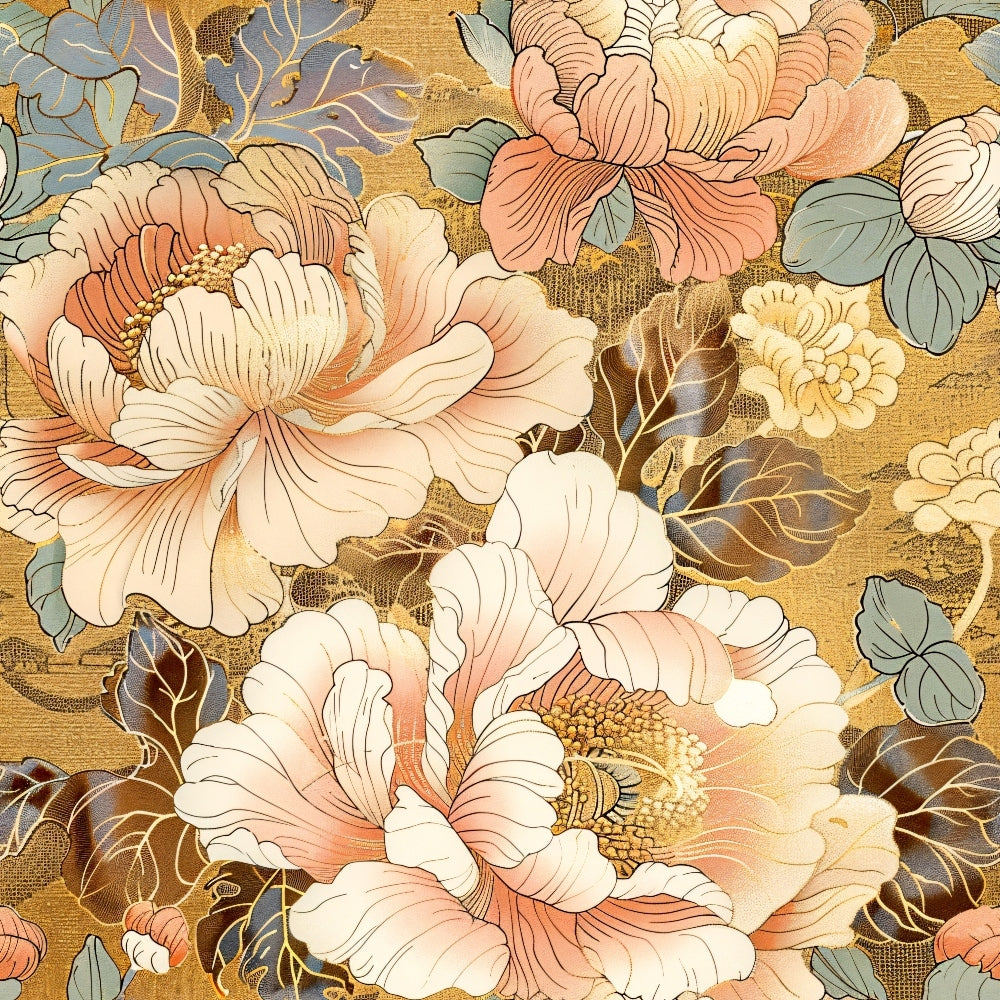 Floral pattern with large, detailed blossoms in shades of pink, orange, and cream on a textured, golden background. Decorated with green leaves and intricate line work.