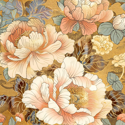 Floral pattern with large, detailed blossoms in shades of pink, orange, and cream on a textured, golden background. Decorated with green leaves and intricate line work.