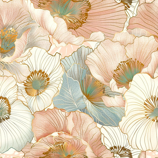 Floral pattern featuring detailed roses and leaves in pastel shades of pink, blue, and cream with gold outlines.