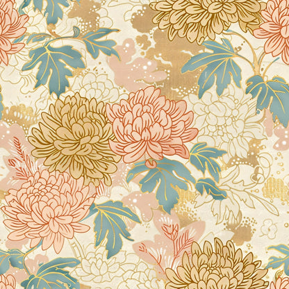 An intricate floral pattern featuring chrysanthemums in shades of pink, gold, and beige, with green leaves on a light background.