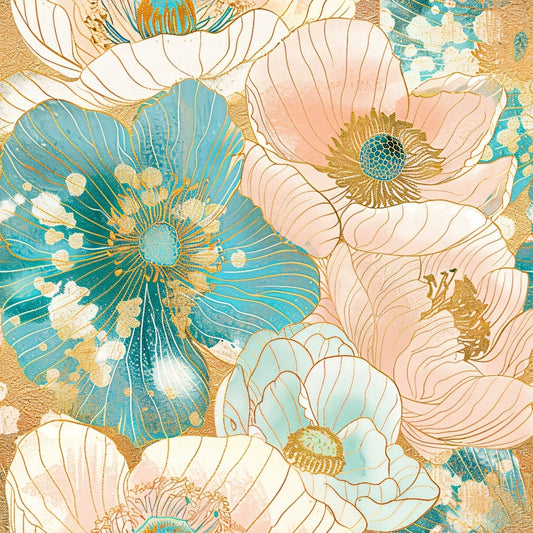 Abstract floral pattern featuring large flowers in aqua, peach, and cream tones with gold accents.