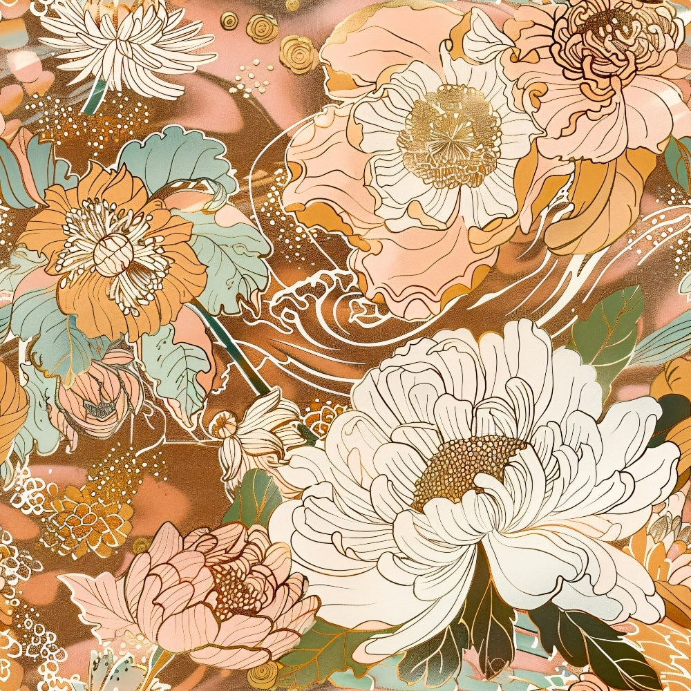 Floral pattern with intricate line drawings of large, blooming flowers in shades of white, peach, and green on a swirling, abstract brown background.