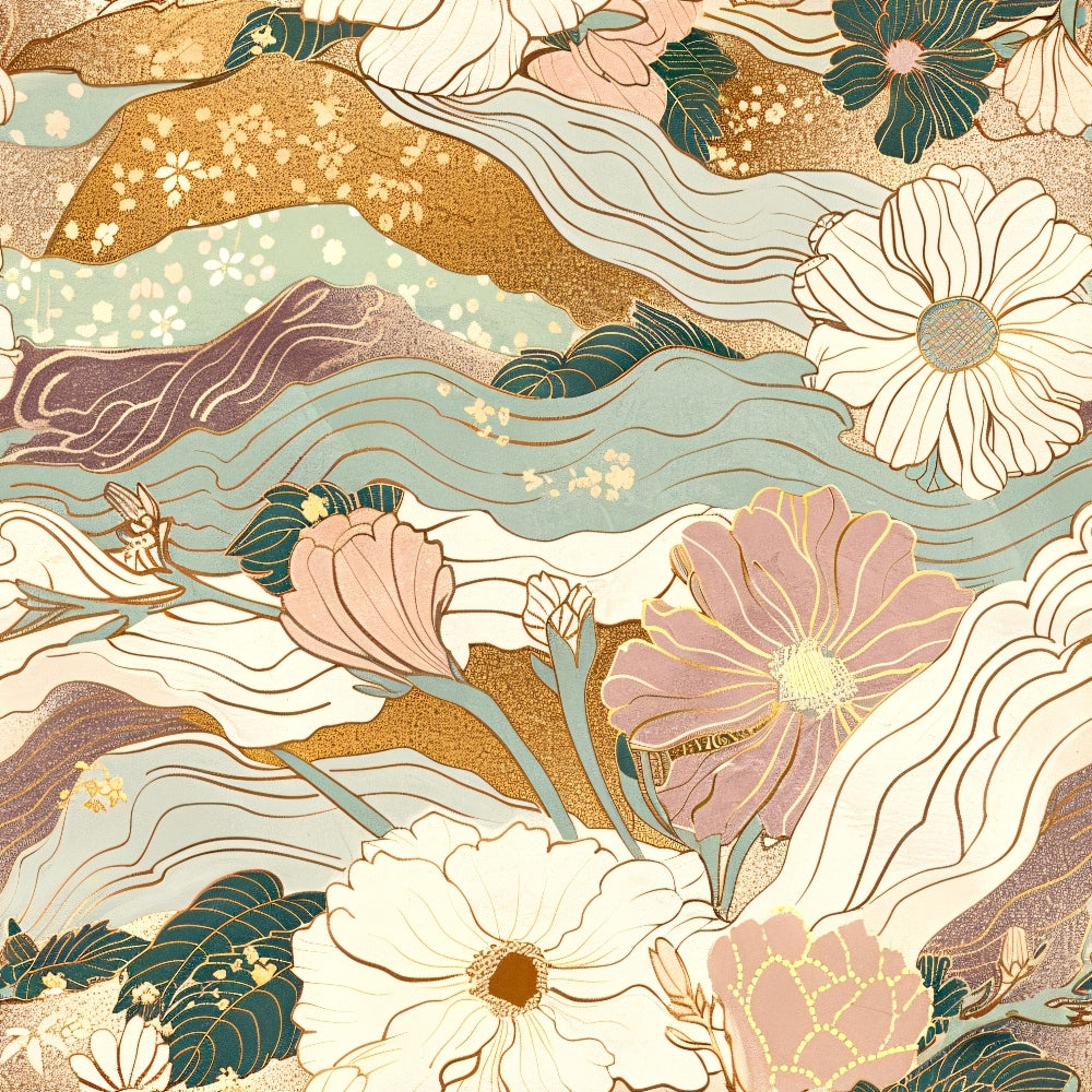 Floral and swirling abstract pattern with waves and flowers in soft pastel colors, including gold, pink, and blue.