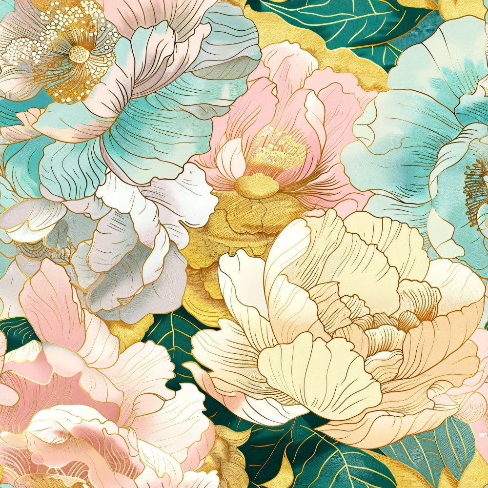 Floral pattern featuring large pastel peonies outlined in gold against a dark green background with gold accents.