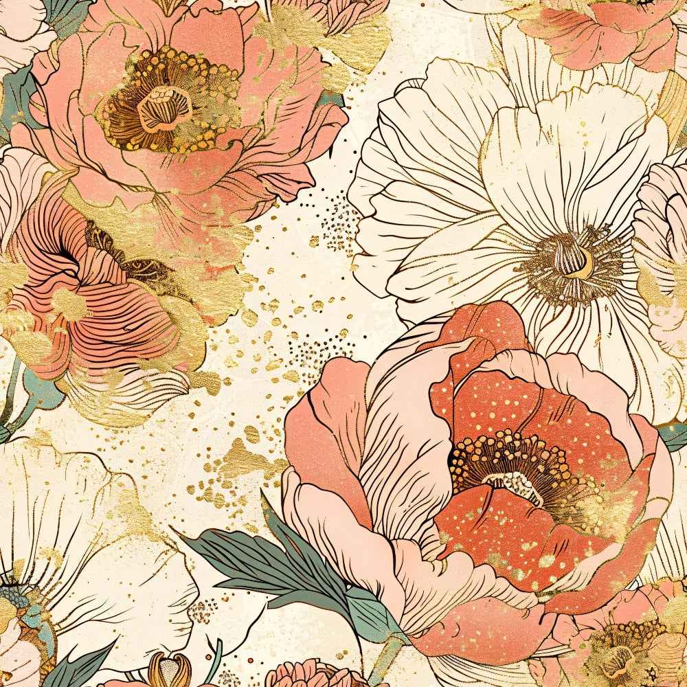 Illustrated floral pattern featuring large pink, white, and gold flowers with green leaves on a cream background.