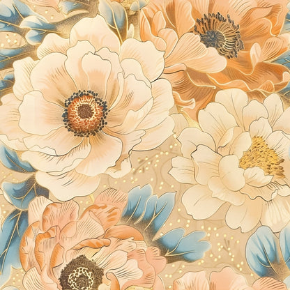 Floral pattern featuring large cream and peach flowers with blue leaves on a beige background.