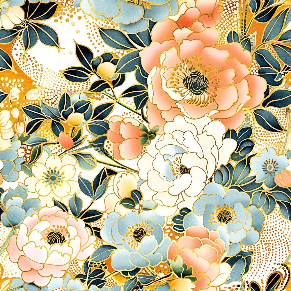 Intricate floral pattern featuring large blossoms in shades of pink and blue with gold accents, surrounded by green leaves and decorative dots.