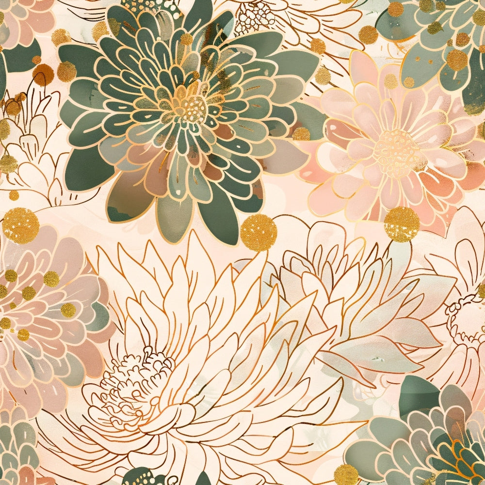 Illustrated floral pattern with overlapping green and pink flowers, featuring gold accents and line drawings on a light background.