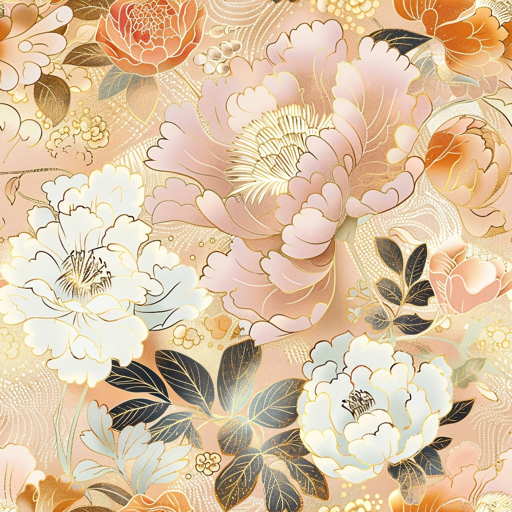 A detailed floral pattern with large pink and white flowers, gold accents, and dark green leaves on a light background.