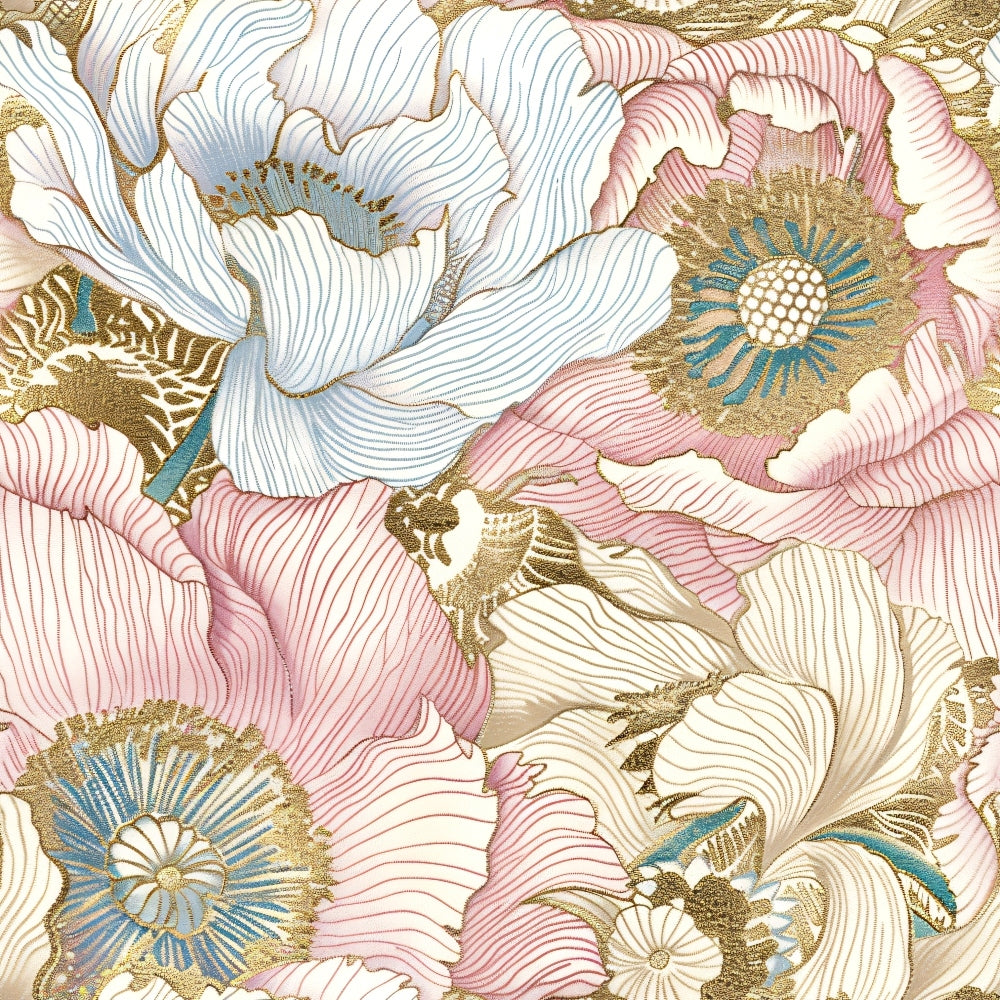 An intricate floral pattern featuring large pink and white flowers with blue and gold accents, depicted in a detailed and decorative style.