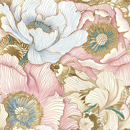 An intricate floral pattern featuring large pink and white flowers with blue and gold accents, depicted in a detailed and decorative style.