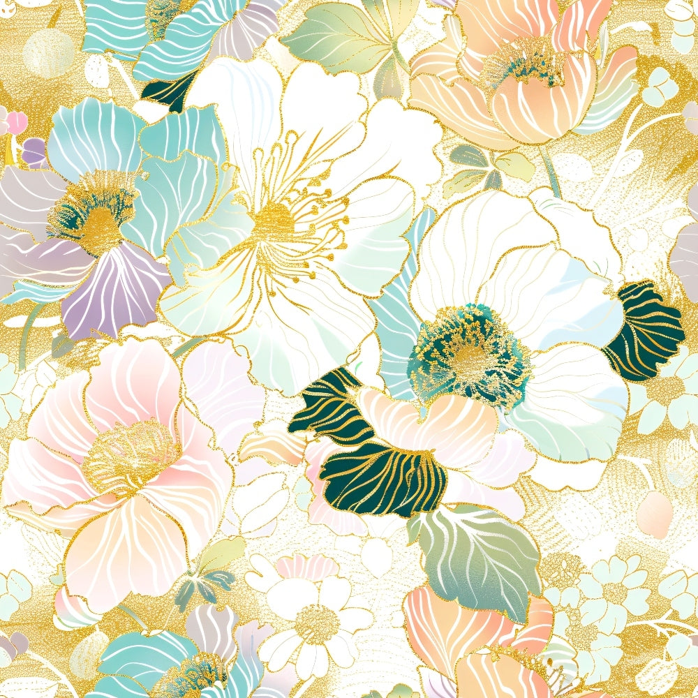 Floral pattern featuring pastel-colored flowers with gold outlines, including daisies and poppies, on a textured background.