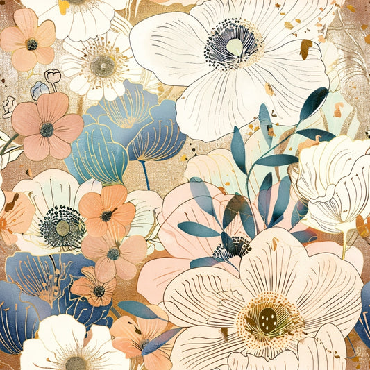 Abstract illustration of various stylized flowers and leaves in shades of white, blue, peach, and gold set against a textured background.