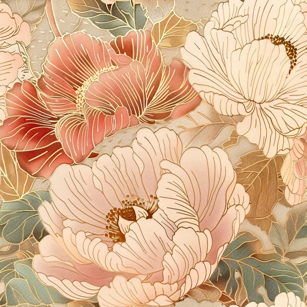 A detailed floral pattern with soft pink and red peonies, green leaves, and gold accents, creating an elegant design.