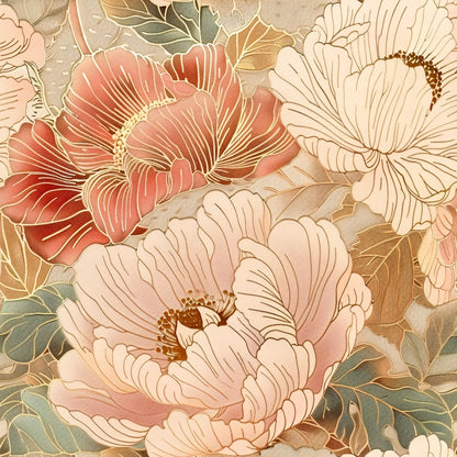 A detailed floral pattern with soft pink and red peonies, green leaves, and gold accents, creating an elegant design.