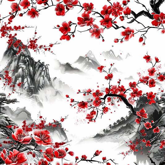 Traditional Chinese ink painting of mountains and cherry blossoms, featuring black and white landscape with vibrant red blossoms and misty background.