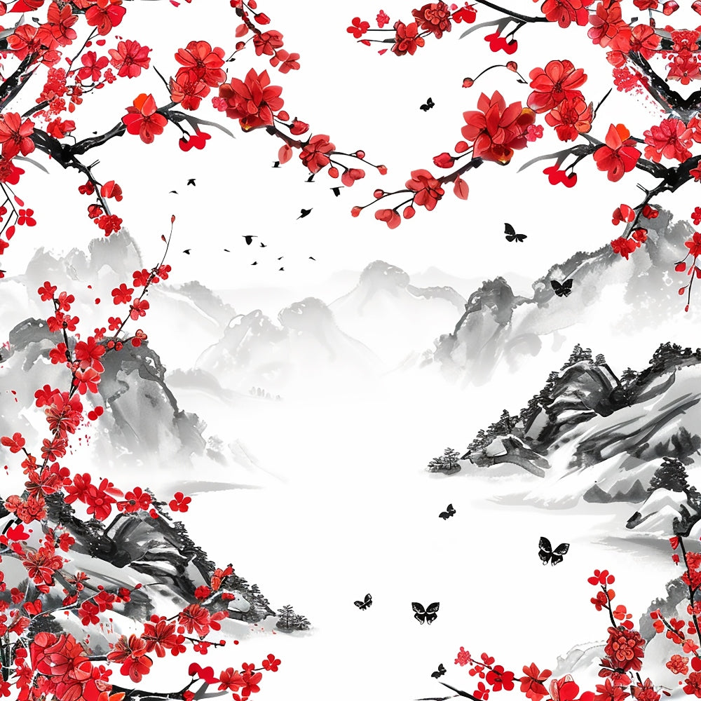 Red cherry blossoms frame a landscape with distant gray mountains, scattered birds, and butterflies against a white background.