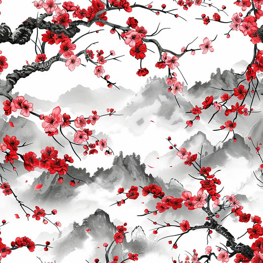 Red and pink cherry blossoms on branches with a background of misty mountains and trees.