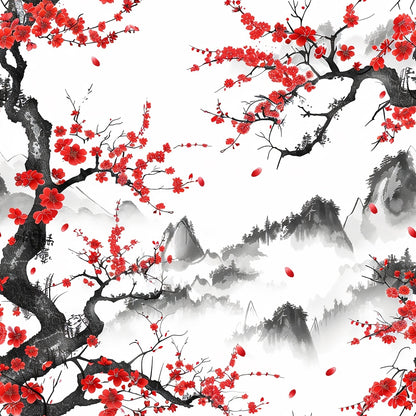 Red cherry blossoms and branches against a background of misty mountains in traditional ink painting style.