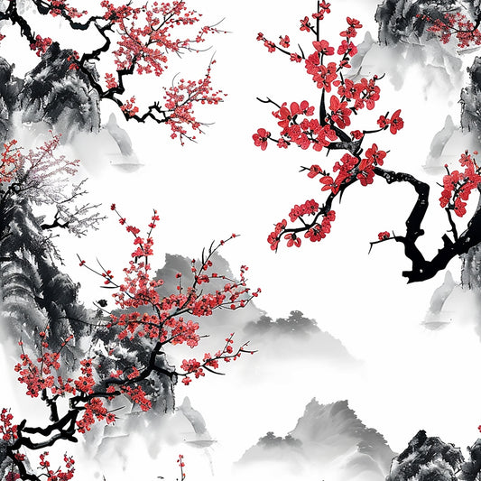 Red cherry blossoms on branches with traditional Chinese ink wash mountains in the background on a white surface.