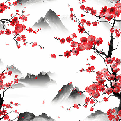 Branches with red blossoms and scattered petals, set against a backdrop of misty mountains in a traditional art style.