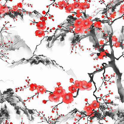 Traditional Asian ink painting of red cherry blossoms and black tree branches, with misty mountains in the background.