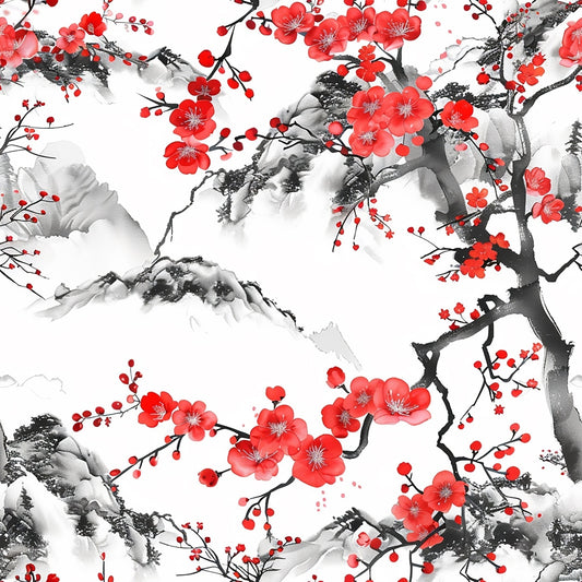 Traditional Asian ink painting of red cherry blossoms and black tree branches, with misty mountains in the background.