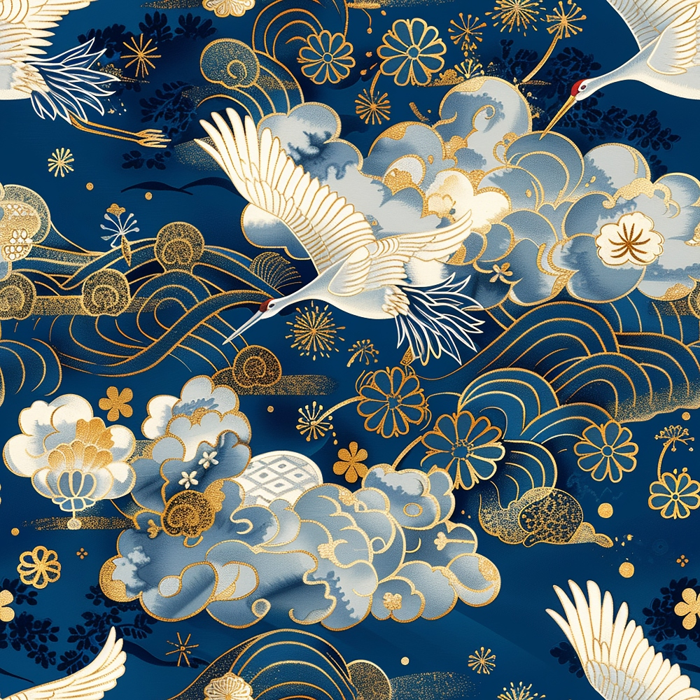 Blue and gold patterned design featuring cranes, clouds, and floral motifs in a traditional Japanese art style.