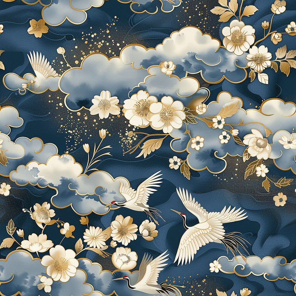 Elegant pattern featuring white cranes, gold-trimmed clouds, and floral designs in beige and gold on a dark blue background.